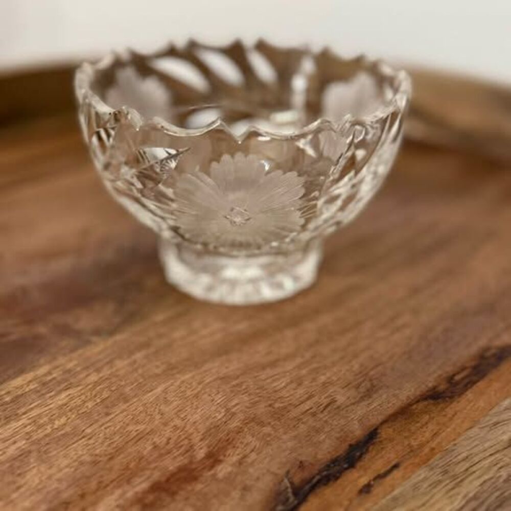 Vintage Cut Glass Floral Bowl with Scalloped Edge